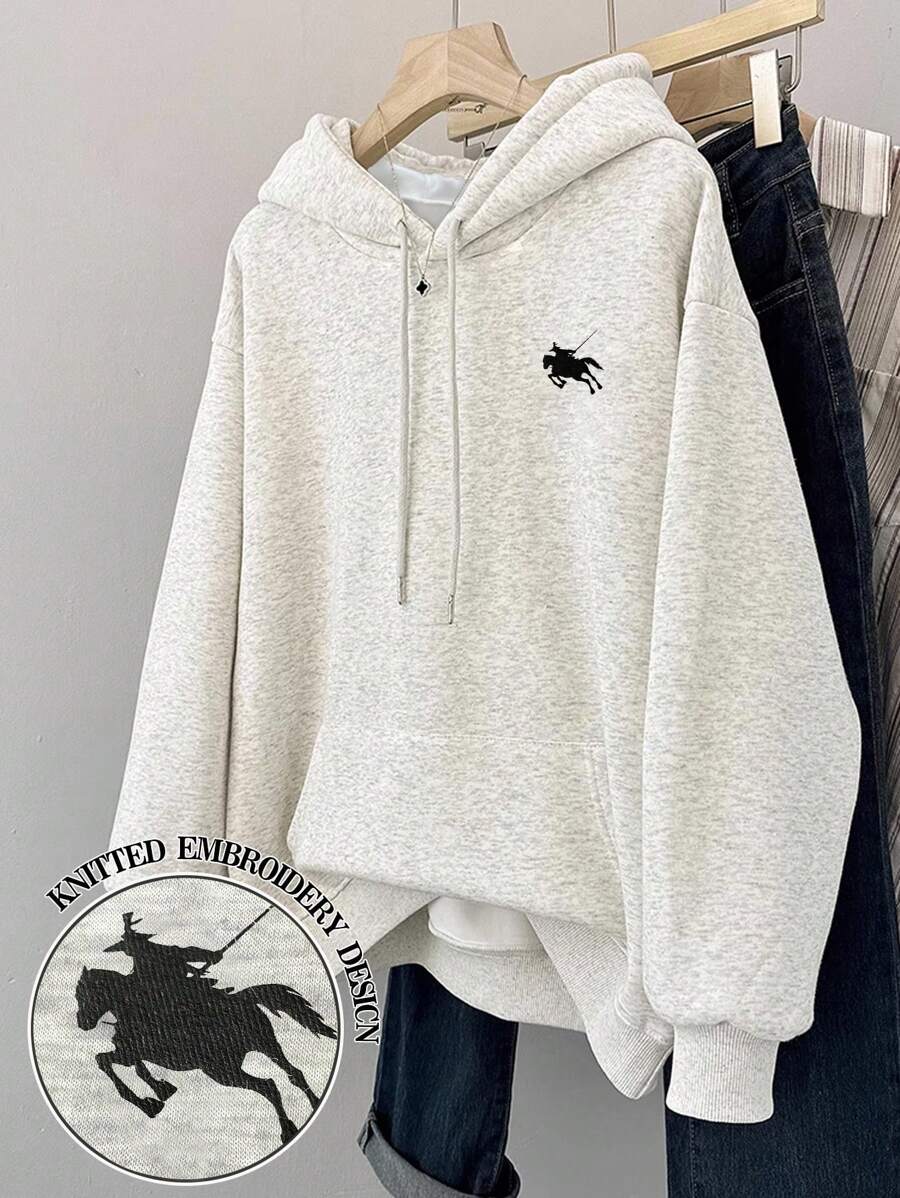 SHEIN 畅销款带帽子的老鼠刺绣连帽衫 - 灰色 - 查看 1