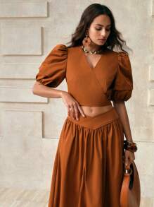 EMERY ROSE 编织纯色 V 领短款泡泡袖系带蝴蝶结腰裙 2 件套优雅休闲度假风格女士服装，春夏秋 - 卡其色 - 查看 3