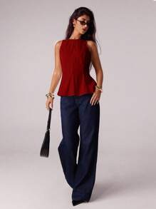 Avantive 女式休闲纯色无袖短款上衣，夏季 - 酒紅色 - 查看 5