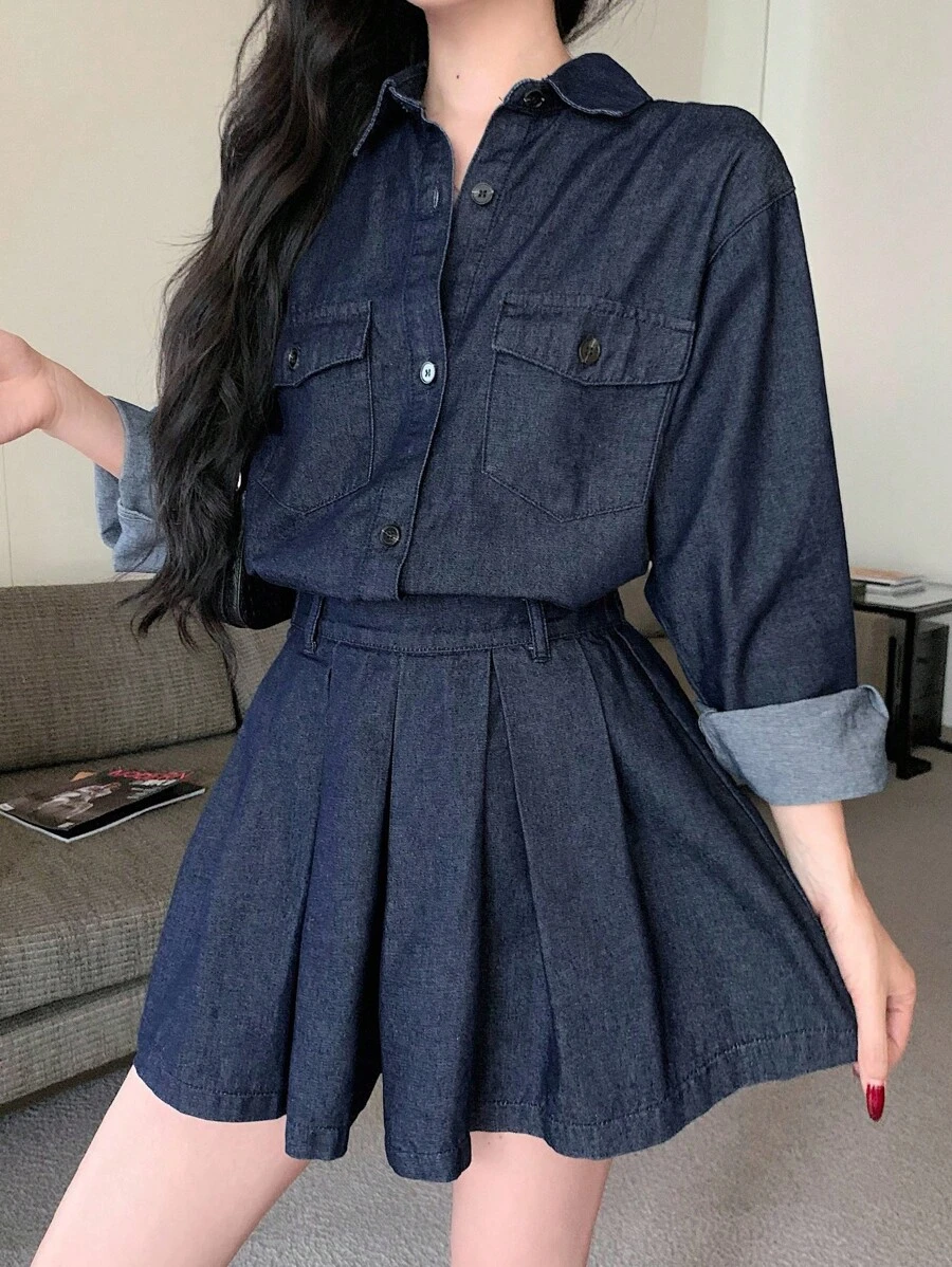 DAZY 2pcs Women Oversized Casual Street Vintage Washed Denim Top And Pleated Skirt Suit, Suitable For Back To School Season Fall/Winter - Dark Wash - View 1