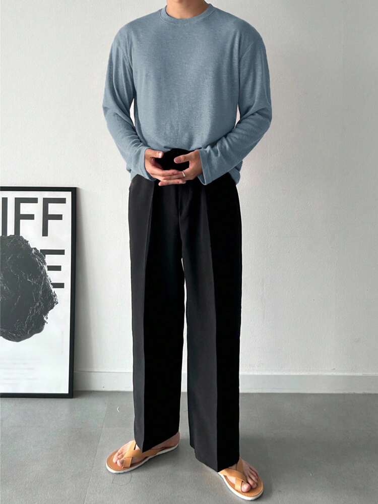 Men's Solid Color Crew Neck Long Sleeve Casual Versatile T-Shirt, Spring & Autumn