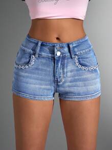 Jeanoix 女士夏季休闲街头弹力刺绣铆钉水洗牛仔短裤