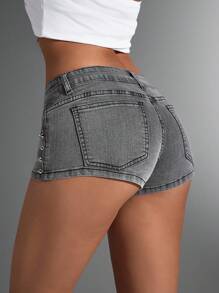 Jeanoix 时尚休闲抽绳铆钉水洗牛仔短裤 - 淺灰色 - 查看 2