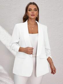 SHEIN Clasi 粉色加大码女士西装外套，优雅的通勤和商务装扮，商务休闲女士白色西装外套女士女士西装外套女士白色夹克女士白色西装外套办公室服装女士秋冬 - 白色 - 查看 5