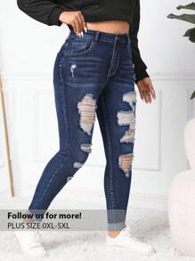Firerie Plus Size Washed Ripped Jeans, Fall Women Clothes