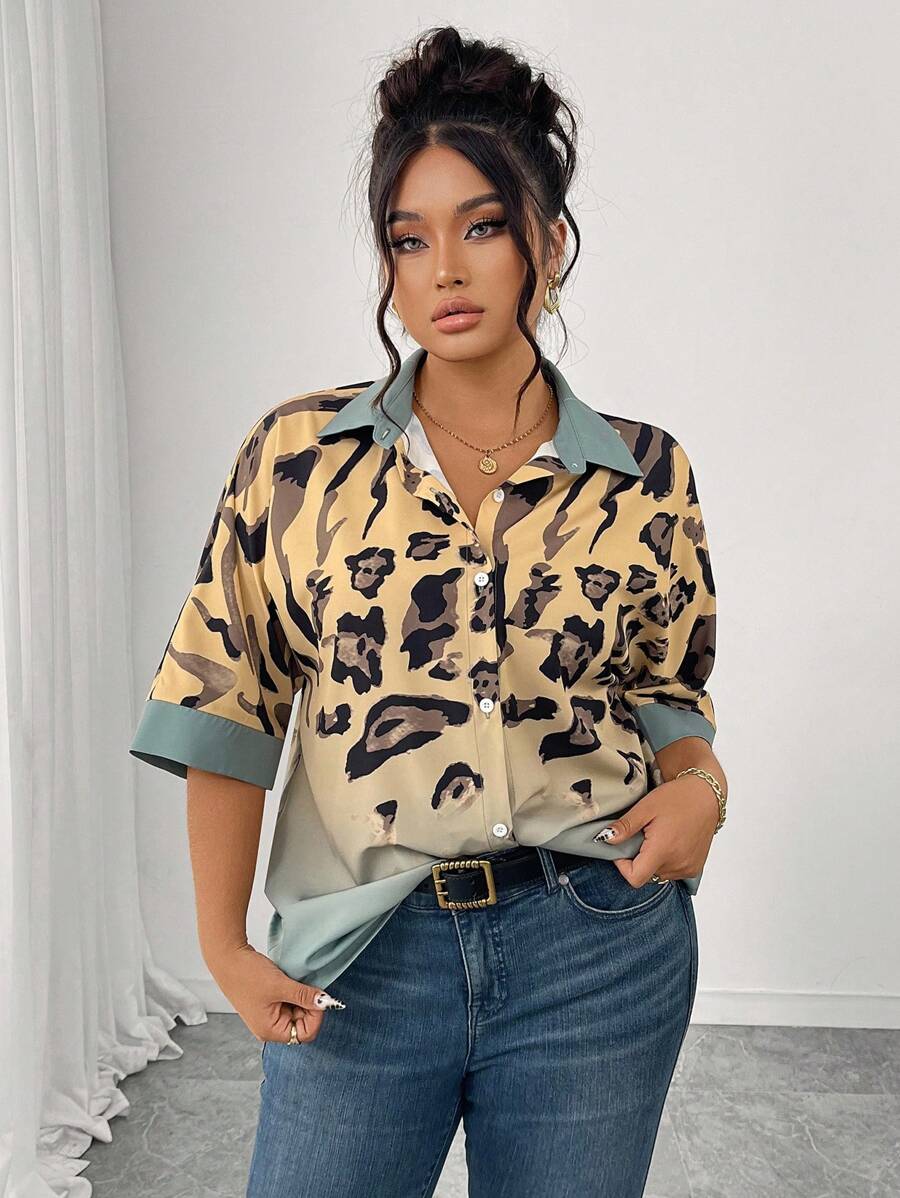 Elenzga 大码女式豹纹短袖前开休闲衬衫，春夏