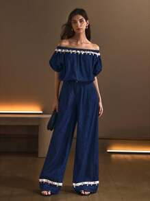 SHEIN Essnce Casual Relaxed Dark-Wash Denim Set, Versatile Resort-Style For Women, Spring/Summer - Blue - View 6