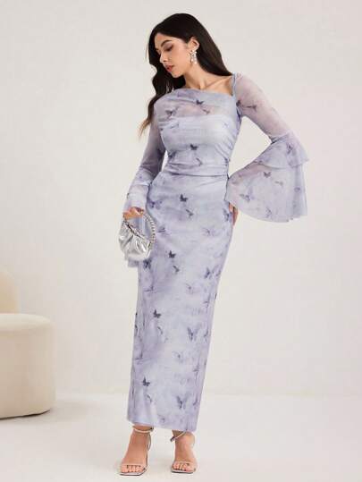 Modelyn 女士时尚独特 3D 花卉装饰中长连衣裙，混合面料拼接连衣裙