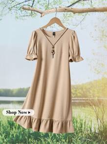 Rusticease Vestido casual de vacaciones de mujer de unicolor con mangas abultadas y bajo con volantes de longitud media