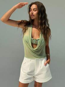 Aloruh New Sexy Semi-Sheer Plunging Neck Metal Decor Open Back Camisole,Off The Shoulder Top