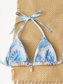 Swim Mod Plus Size Women's Starfish & Shell Print Triangle Halter Bikini Top For Summer Beach Vacation - Multicolor - View 2