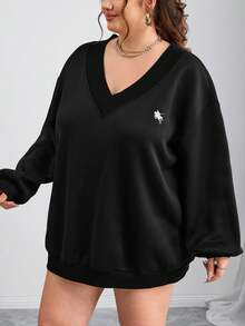 SHEIN CURVE+ Curves Plus Size/Chool Clothes/Back To School Clothes /Back To SchoolPlus Size Women's Casual Simple Black V-Neck Loose Fit Sweatshirt, Suitable For Autumn/Winter Plus Size Sweatshirts Plus Size Sweatshirt Women Black Sweatshirt V-Neck Sweatshirt Plus Size Top Fall/Autumn /Winter