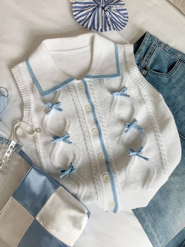 Comfortcana Casual & Everyday Chic Bow Decor Women's Sweater Vests Cute Tops Women,Korean Style