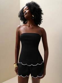 Zolique 2pcs/Set Women's Fashionable Color Block Shell Trim Bandeau Top And Shorts Set, Summer - Black - View 7