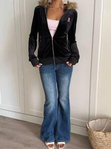 SHEIN EZwear 女士骷髅刺绣仿皮草装饰连帽衫 - 黑色 - 查看 6