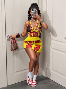 BamGleam 女式深V领字母印花紧身挂脖中长连衣裙