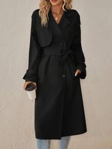 SHEIN Clasi Áo gió dài tay cổ tròn họa tiết trơn màu cho nữ mùa thu/đông - màu đen - Xem 4