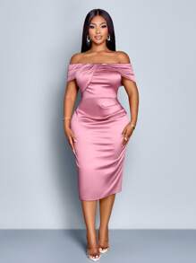 SOLERSUN SOLERSUN Women's Plus Size Fashion Solid Color Elegant Party Off-The-Shoulder Ruffled Satin Midi Dress, Diverse Twist Design Dress, Autumn, Winter, Music Festival, Party,Fall