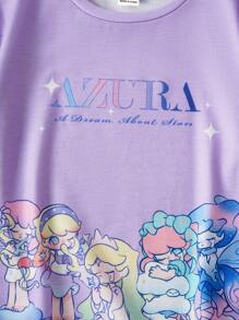 Pop Mart Azura X SHEIN Young Girl Cartoon Pattern Purple Drop Shoulder Loose Sweet Short Sleeve T-Shirt For Summer