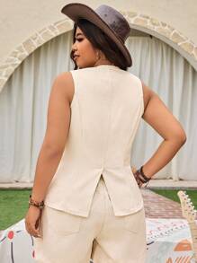 SHEIN LUNE Jaket Kasual Denim Wanita Ukuran Besar, Pakaian Gaya Barat - Aprikot - View 2