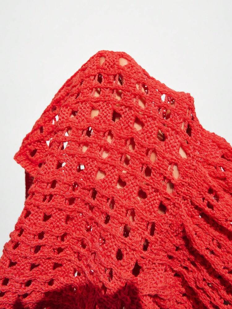 SHEIN Maija Women Solid Color Hollow Ruffle Hem Camisole Knit Top Crochet Top Women Red Crochet Top Crochet Tank Eyelet Top Red Summer Top,Crochet,Fall Women Clothes