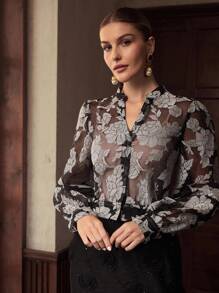 ZEYLAH Blusa transparente con estampado floral - Blanco y Negro - Ver 4