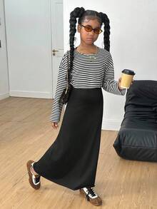 SHEIN Tween Girls Striped Loose Top + Strap Maxi Dress 2 Piece Set, Casual Daily Fashion Versatile Outfit Girls Black And White Stripe Shirt Long Black Skirt Skirt Two Piece Set Girls Black And White Striped Top And Black Maxi Skirt Set Teen Girl Skirt Set Girls Black And White Striped Top And Skirt Set Black And White Striped Shirt And Black Skirt - Black - View 7