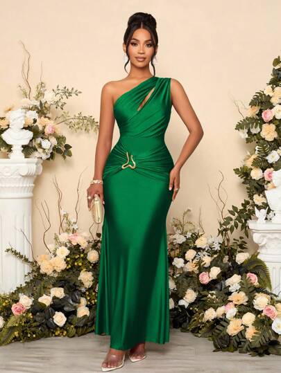 SOLERSUN Women's Solid Color Hollow Asymmetric Neck Metal Decorated Bodycon Dress Long Maxi Women Outfit