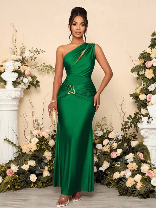 SOLERSUN Women's Solid Color Hollow Asymmetric Neck Metal Decorated Bodycon Dress Long Maxi Women Outfit