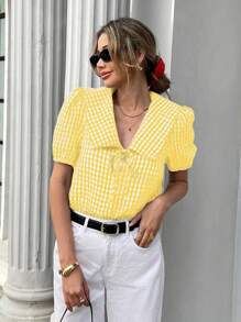 Chiquease 女士夏季休闲格子泡泡袖衬衫 - 黃色 - 查看 1