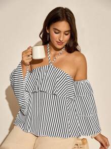 EMERY ROSE 大码黑白条纹休闲无袖细肩带背心，修身设计