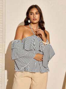 EMERY ROSE 大码黑白条纹休闲无袖细肩带背心，修身设计