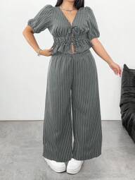 SHEIN PETITE Plus Size 2 Pieces Set: V-Neck Tie-Front Striped Crop Top + Casual Striped Pants, Versatile Holiday & Leisure Wear