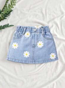 SHEIN Vintaside Kids 嬰兒女孩花卉印花紙袋腰牛仔裙