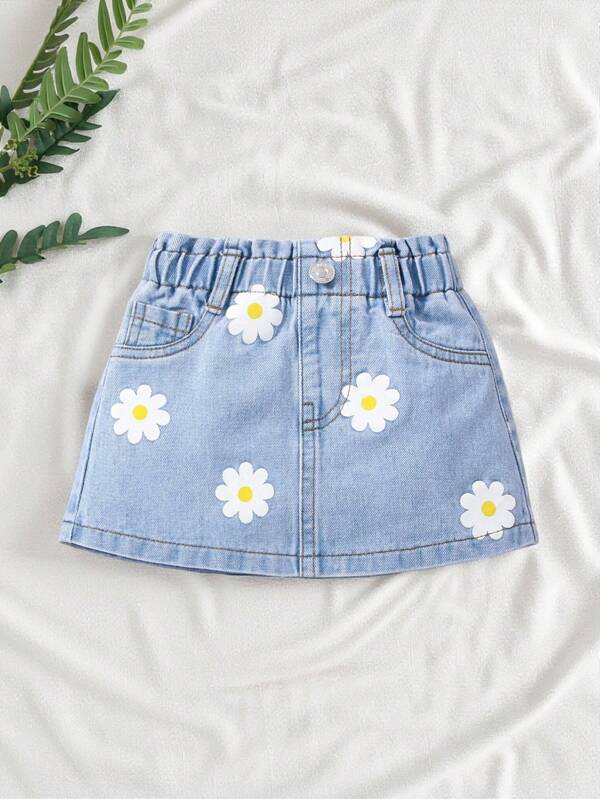 SHEIN Vintaside Kids Falda Vaquera Con Cintura De Papel Y Estampado Floral Para Niña