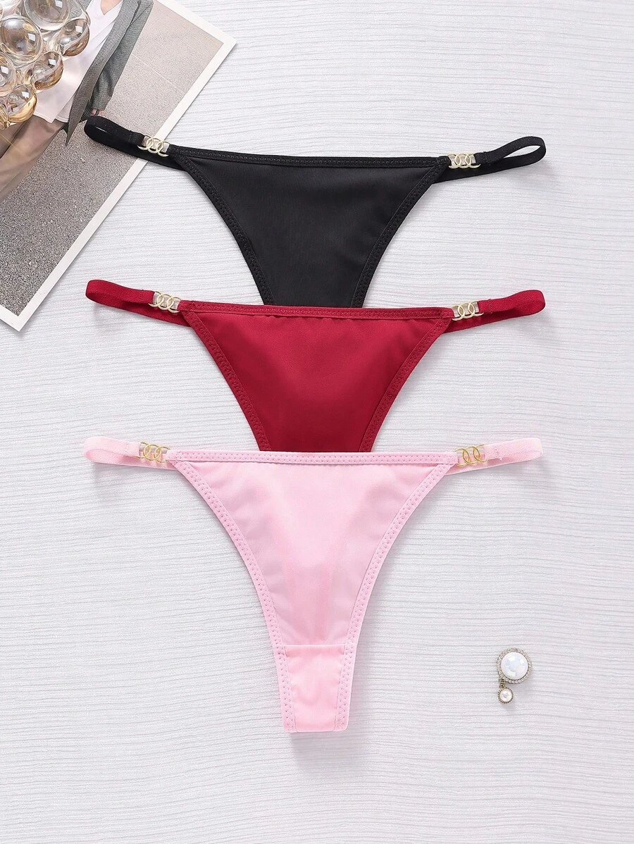 Snug Zone paquete de 3 bragas tipo tanga de unicolor simple con detalle metálico para mujer