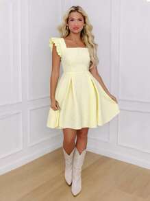 LanaWest Váy ngắn chữ A tay lửng cổ vuông màu vàng phong cách Pháp mùa mới, họa tiết hoa, cao cấp cho mùa hè - Vàng nhạt - Xem 1