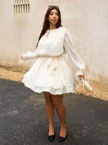 Elaquor Váy dài tay bằng vải chiffon mỏng bó eo cỡ lớn thường ngày - Màu be - Xem 6