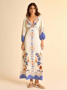 CAJUNI 女式波西米亚风热带植物与花卉印花蓝黄假日休闲镂空后背长袖长裙 - 彩色 - 查看 4