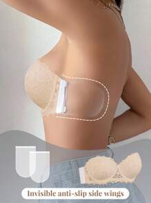 SHEIN 1pc Women Lace Plunging Backless Bra With Wire, Gather And Lift For Small Bust, Strapless And Adjustable Strap Design - Apricot - View 5