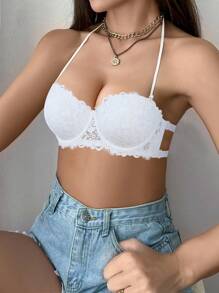 1pc Lace Lingerie Bra, Underwire Plunge Lingerie Bra For Small Bust, Push Up Invisible Backless Lingerie Bra - White - View 7