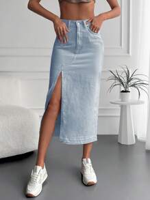 EURMUSE Raw Trim Split Thigh Denim Skirt - Light Wash - View 3