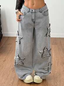 Coolane Women's Winter/All-Season Streetwear  Hippie   Music Festival Party Casual Preppy Vintage Basic Star Patched Washed Comfortable French Grey Baggy  Jeans - Grey - View 4