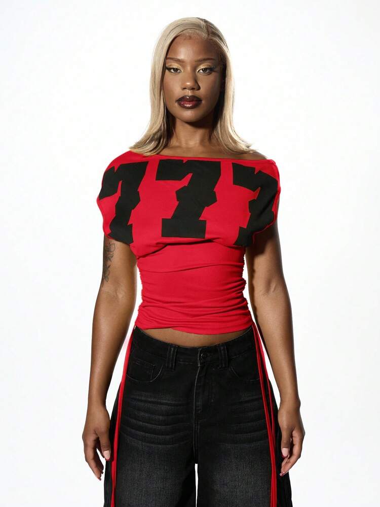 SUMWON WOMEN Off Shoulder Ruched Crop Top With Graphic Print