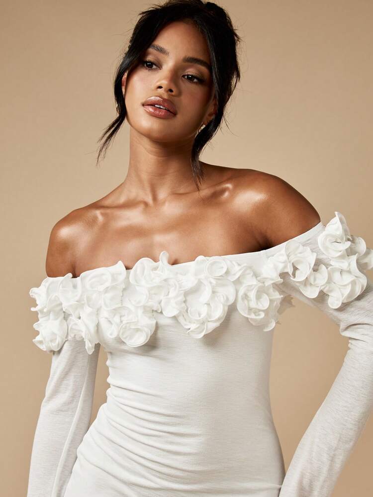 MISSGUIDED Off Shoulder Mini Dress With Ruffle Trim And Long Sleeves