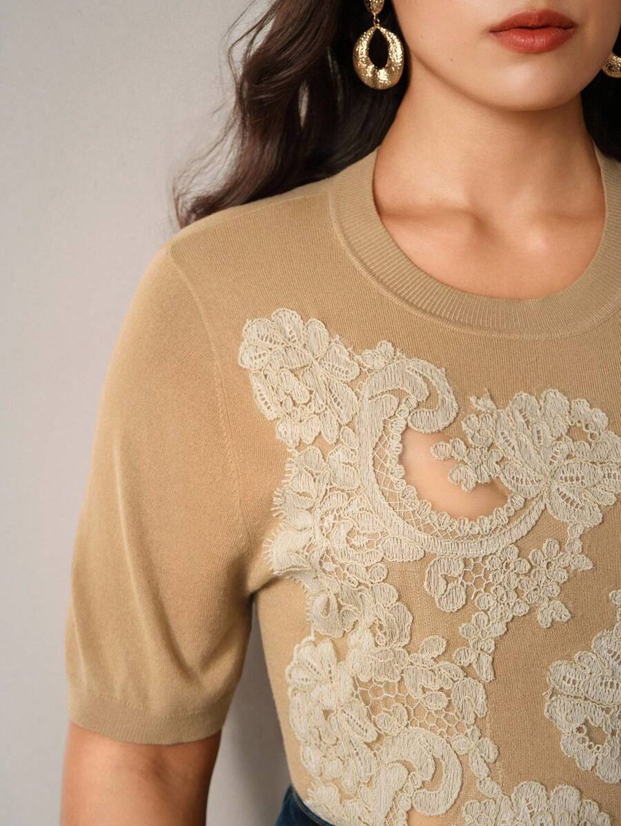 Anewsta 女士优雅刺绣蕾丝拼布镂空百搭T恤针织毛衣