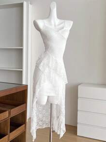 INAWLY Women Elegant Contrast Lace Ruffled Hem Split Strap Dress - White - View 3