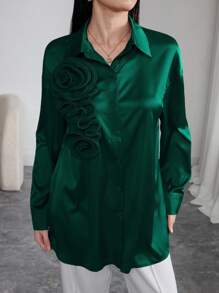 Modelyn Tricou elegant pentru femei, cu mânecă lungă, cu decor floral 3D, croială lejeră, cu umeri căzuți, design simplu, potrivit pentru primăvară și toamnă - Verde inchis - Vizualizare 4