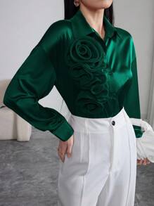 Modelyn Tricou elegant pentru femei, cu mânecă lungă, cu decor floral 3D, croială lejeră, cu umeri căzuți, design simplu, potrivit pentru primăvară și toamnă - Verde inchis - Vizualizare 6