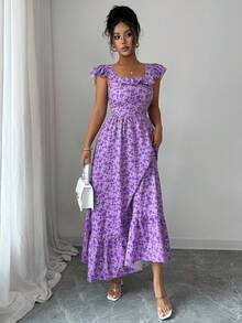 Elenzga Vestido feminino elegante com estampa floral e babados